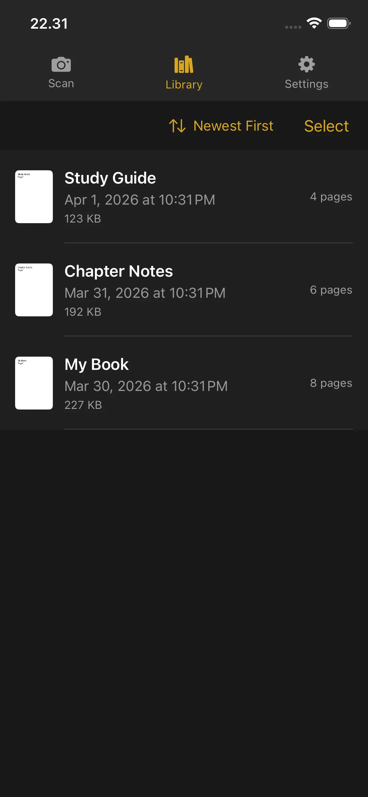 Knut app Library view showing list of scanned books with thumbnails, titles, page counts, and file sizes.