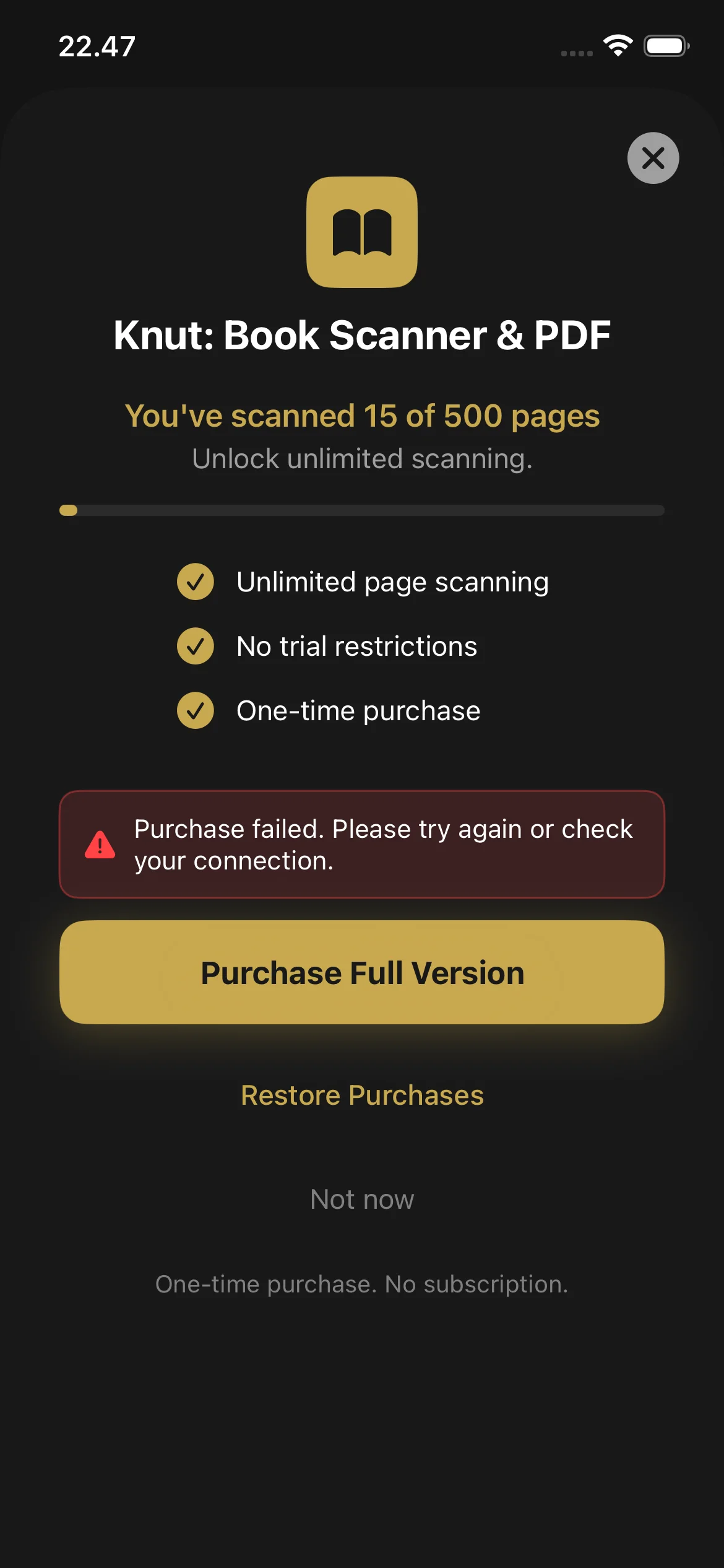 Knut app Paywall screen showing trial progress bar, page counter, and purchase button for the full version.